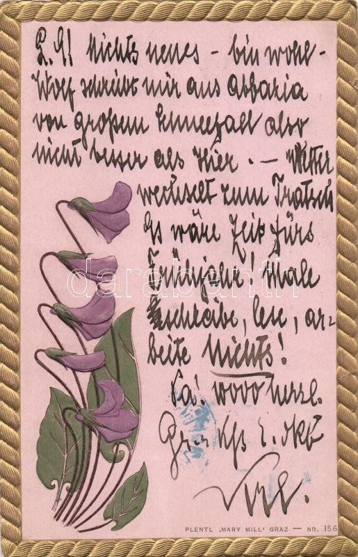 Floral greeting card, Emb. Plentl 'Mary Mill' Nr. 156., Virágos üdvözlőlap, dombornyomat, Plentl 'Mary Mill' Nr. 156.