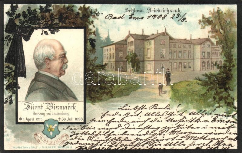 Friedrichsruh, Schloss, Fürst Bismarck / castle, Bismarck obituary card, Kunstanstalt J. Miesler floral litho