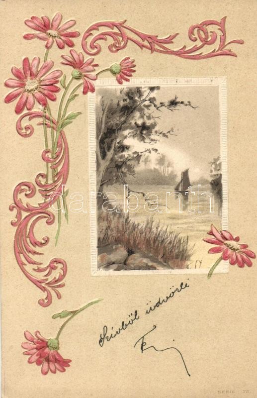 Floral greeting card, Emb. litho, Virágos üdvözlőlap,hajó, dombornyomat, litho