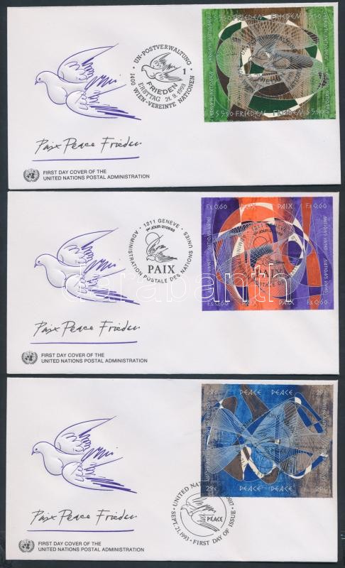 World Peace Day series with block of 4, 3 diff FDC, Világbéke napja sorozat négyestömbökkel, 3 klf FDC