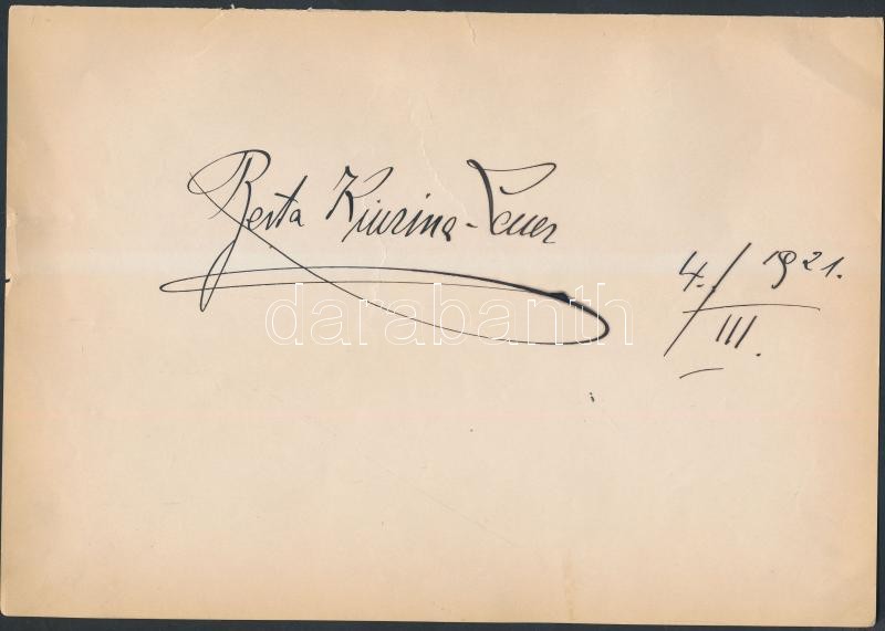 1921 Berta Kiurina (1882-1933) austrian singer autograph signed 17x25cm, 1921 Berta Kiurina (1882-1933) osztrák énekesnő aláírása lapon, 17x25cm