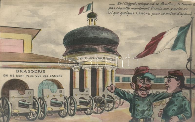 Humoros I. világháborús francia képeslap, Brasserie, On ne sert plus que des canons / WWI French military humour, cannons in the city, flags