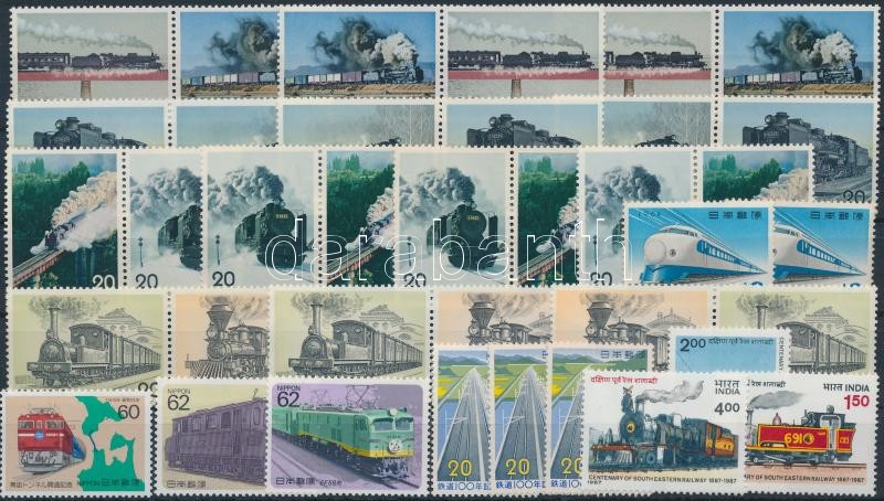 Vasút motívum tétel 68 db bélyeg közte teljes sorok 2 stecklapon, Railway 68 stamps