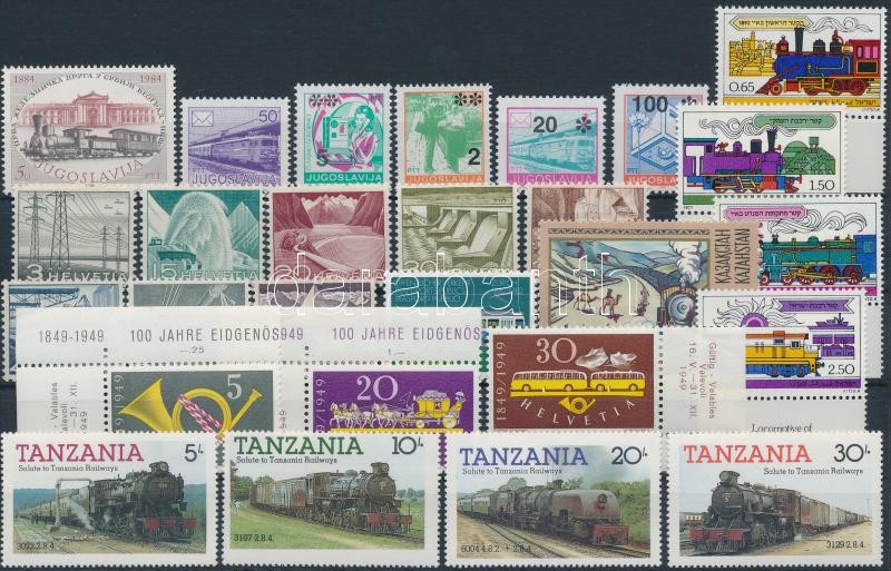 Vasút motívum tétel 54 db bélyeg közte teljes sorok 2 stecklapon, Railway 54 stamps