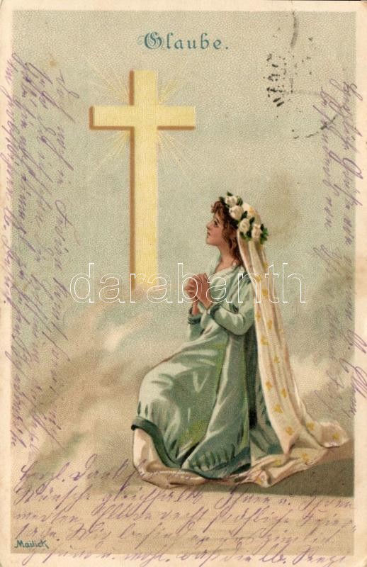 Hit, vallásos művészeti képeslap, litho s: Mailick, Glaube / Faith, religious art postcard, litho s: Mailick