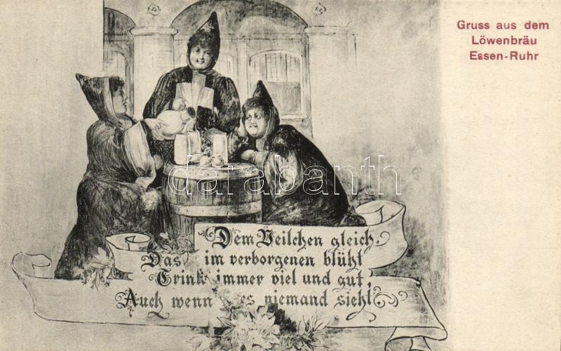 Sör ivó hölgyek, sör reklám, Gruss aus dem Löwenbräu Essen-Ruhr / beer advertisement, drinking ladies