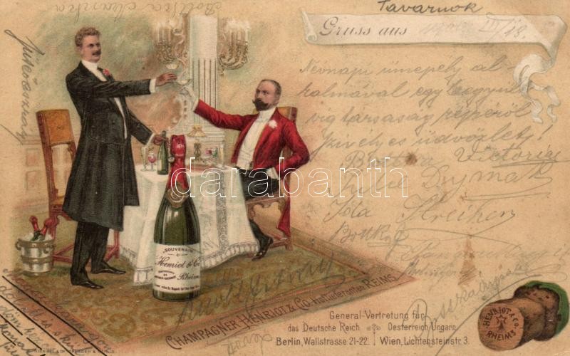 Pezsgő hirdetés, litho, Champagner Henriot & Co. Hoflieferanten Reims, advertisement, litho