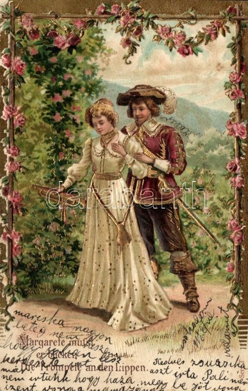 Margarete musst Die Trompete an den Lippen / Romantic art postcard, couple, golden decorated floral Emb. litho, Romantikus művészi üdvözlőlap, aranyozott, Emb. litho