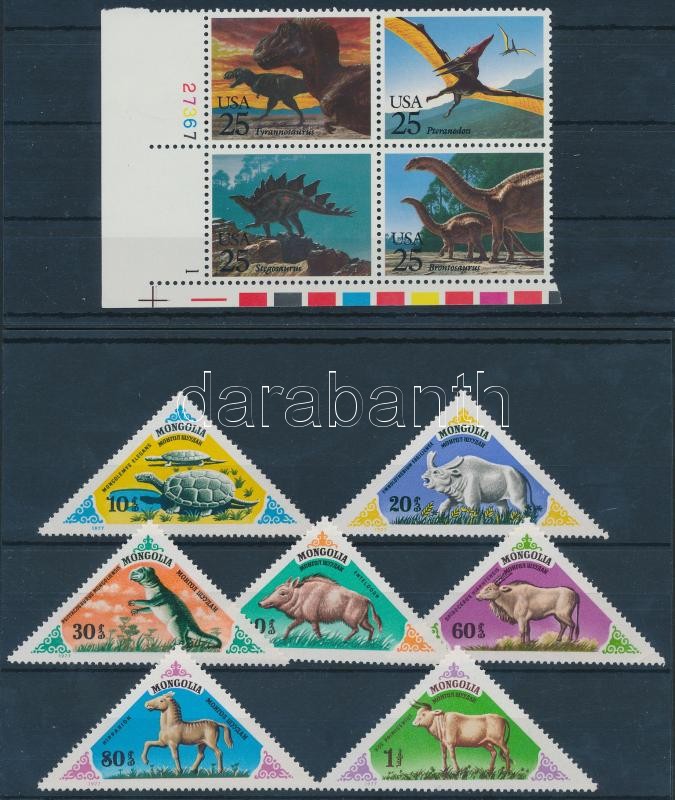 Dinoszaurusz motívum 22 klf bélyeg + 1 négyestömb + 1 kisív 3 stecklapon, Dinosaurs 22 stamps + 1 block of 4 + 1 mini sheet