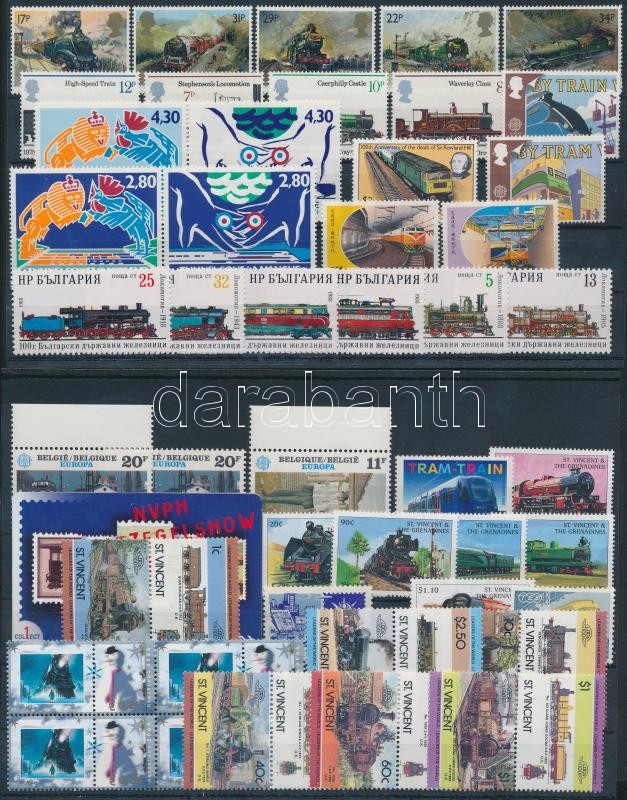 Railway 56 stamps, Vasút motívum tétel 56 db bélyeg közte teljes sorokkal 2 stecklapon