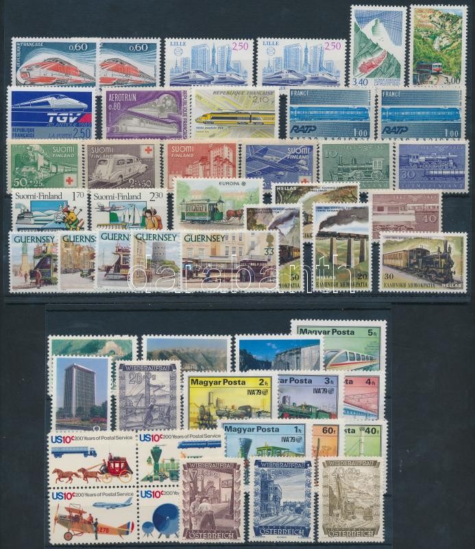 Vasút motívum tétel 49 db bélyeg közte teljes sorokkal 2 stecklapon, Railway 49 stamps