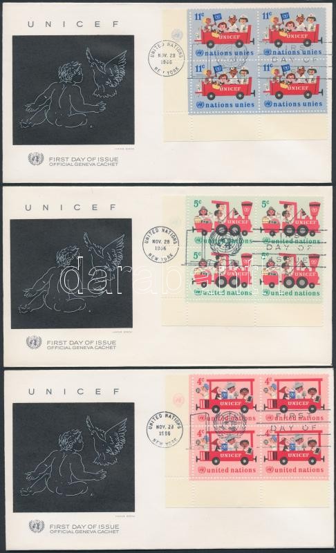 UNICEF sor ívsarki négyestömbökben 3 FDC-n, UNICEF set corner blocks of 8 3 FDC