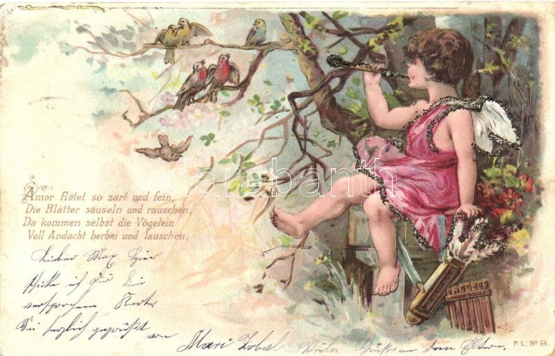 Amor, love greeting card, P.L. No. 64. decorated litho, Szerelmes üdvözlőlap, P.L. No. 64. dekorált, litho