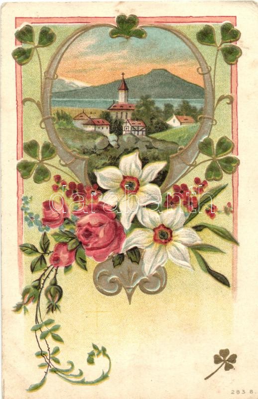 Floral Emb. litho greeting card, Trademark 283. B., Virágos üdvözlőlap, Emb. litho, Trademark 283. B.