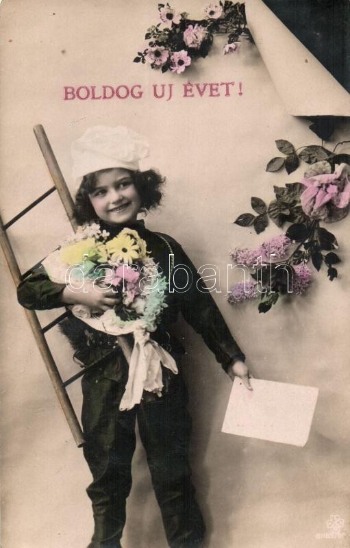 New Year, child dressed as chimney sweeper, flowers, 'Boldog új évet!'