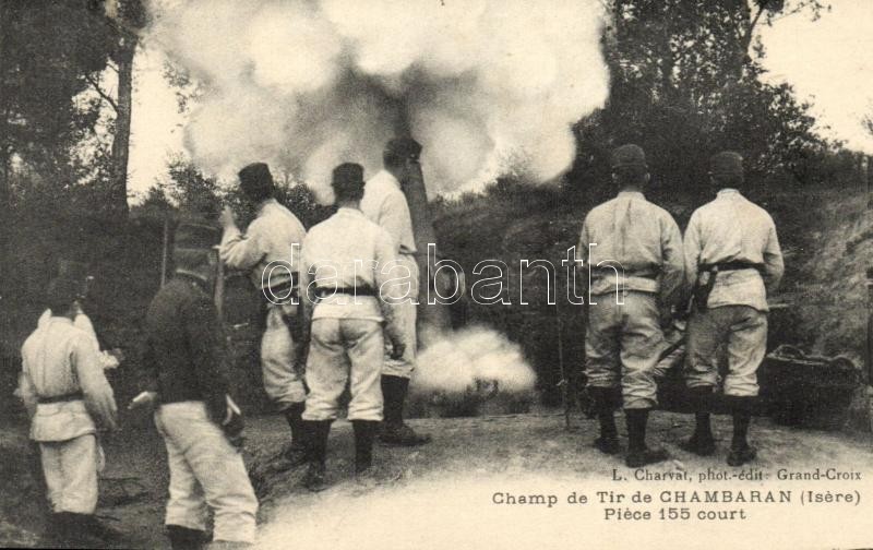 I. világháború, francia tüzérek gyakorlata a lőtéren, Champ de Tir de Chambaran, Piece 155 court / WWI French shooting range, artillery, firing cannon