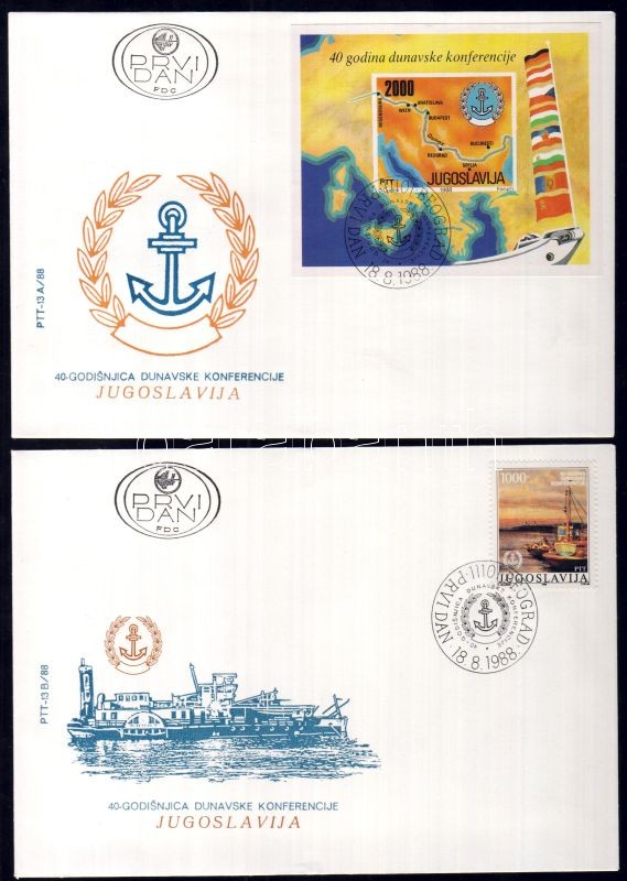 40 éves a Duna-konferencia bélyeg + vágott blokk 2 FDC-n, 40th anniversary of the Danube-conference stamp + imperforated block on 2 FDC, 40 Jahre Donaukonferenz Marke + ungezähnter Block an 2 FDC