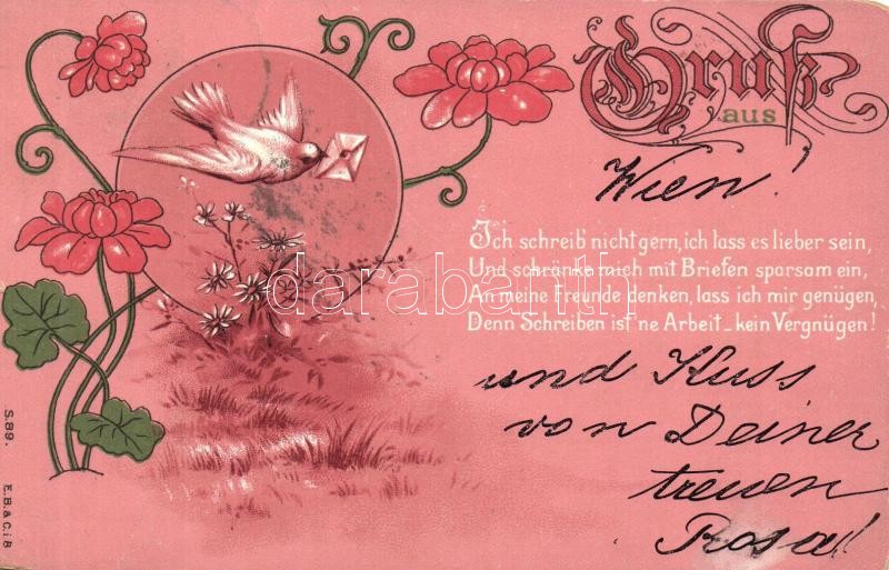 1898 Szerelmes üdvözlőlap, litho, 1898 Love greeting card, dove, floral litho