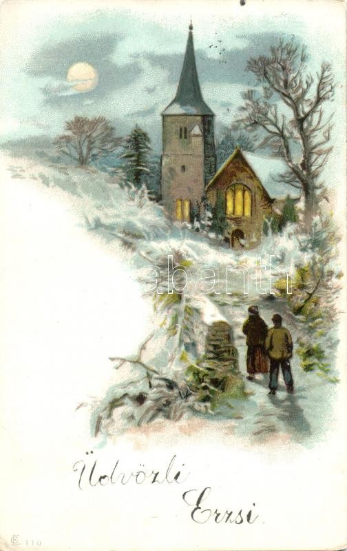 Téli tájkép templommal, üdvözlőlap, E.C. No. 110, litho, Greeting card, lit church during wintertime, E.C. No. 110, litho