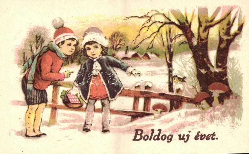 'Boldog újévet', üdvözlőlap, gombát szedő gyerekek, New Year greeting card, children collecting mushrooms
