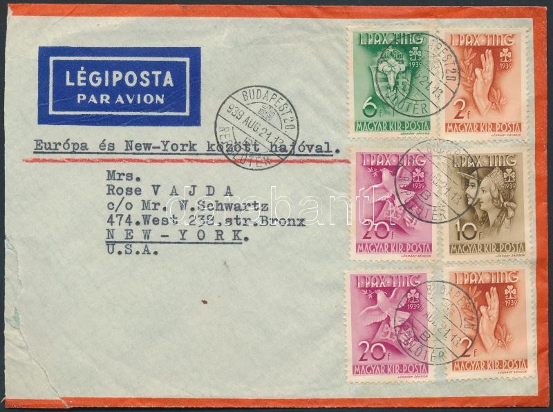 Légi levél New Yorkba Pax Ting bérmentesítéssel, Pax Ting stamps on airmail cover to New York