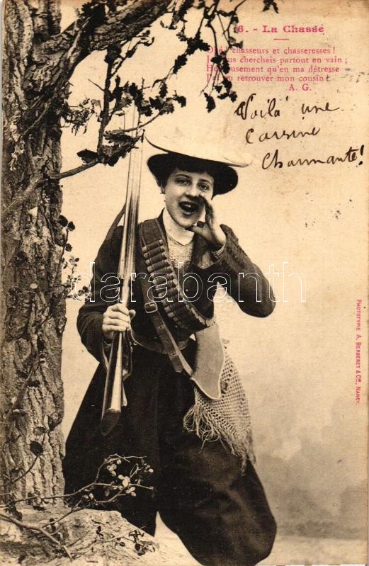 La Chasse / Lady hunter with gun, Vadász hölgy puskával