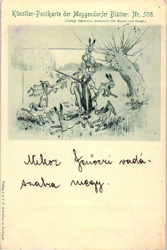 1898 Vadász nyulakkal, humoros művészlap, Künstler-Postkarte der Meggendorfer Blätter Nr. 508., 1898 Hunter, rabbits, humour, Künstler-Postkarte der Meggendorfer Blätter Nr. 508.
