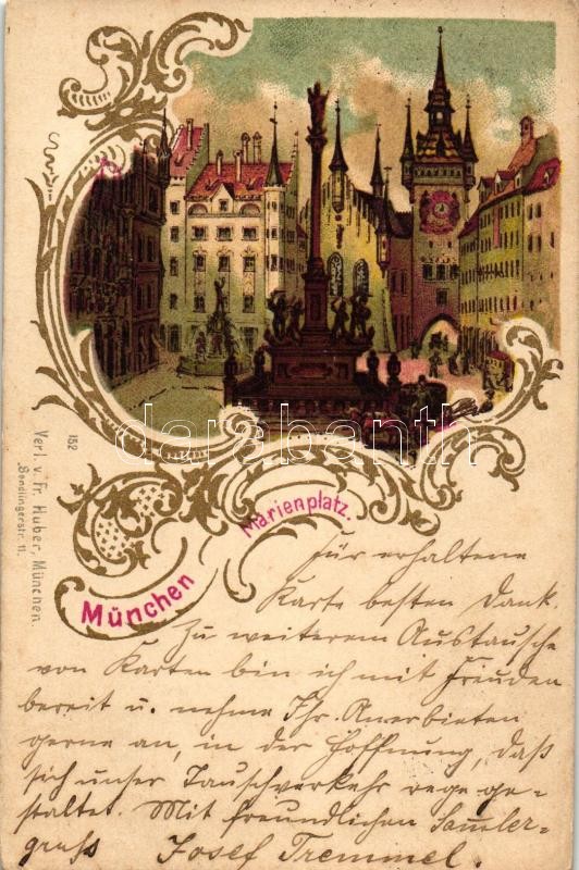 1899 München, Marienplatz / square, Fr. Huber 152. Art Nouveau, litho