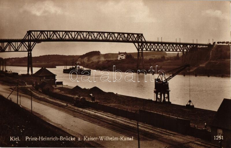 Kiel, 'Prince Heinrich Brücke, Kaiser Wilhelm Kanal' / bridge, canal, ship, industrial railway station