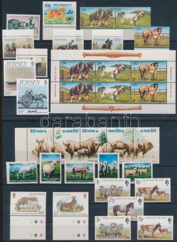 Horse and animals 23 stamps, 1 mini sheet and 1 stripe of 5, Ló és állat motívum 23 db bélyeg, 1 kisív és 1 ötöscsík 2 stecklapon