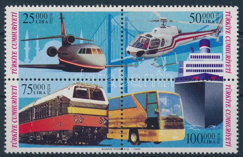 Stamp Exhibition; Transport vehicles block of 4 from block, Bélyegkiállítás; Közlekedési eszközök blokkból kitépett négyestömb