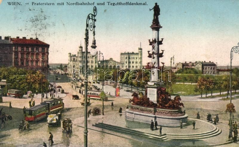 Vienna, Wien II. Praterstern, Nordbahnhof, Tegetthoffdenkmal / railway station, statue, trams