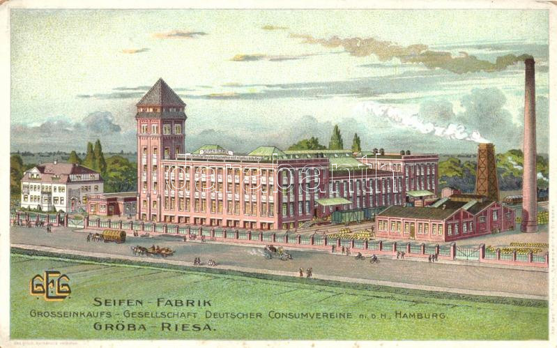 Riesa, Gröba; Seifen-Fabrik, Grosseinkaufs-Gesellschaft Deutscher Consumvereine / soap factory, Famos advertisement on the backside, litho