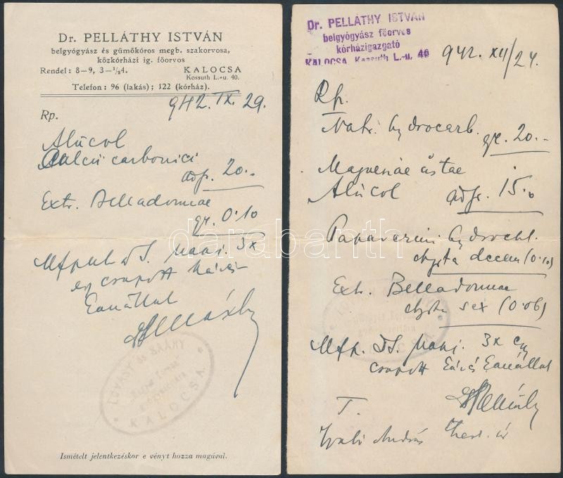 1942 dr. Pelláthy István kalocsai főorvos és kórházigazgató két darab, kézzel írott receptje