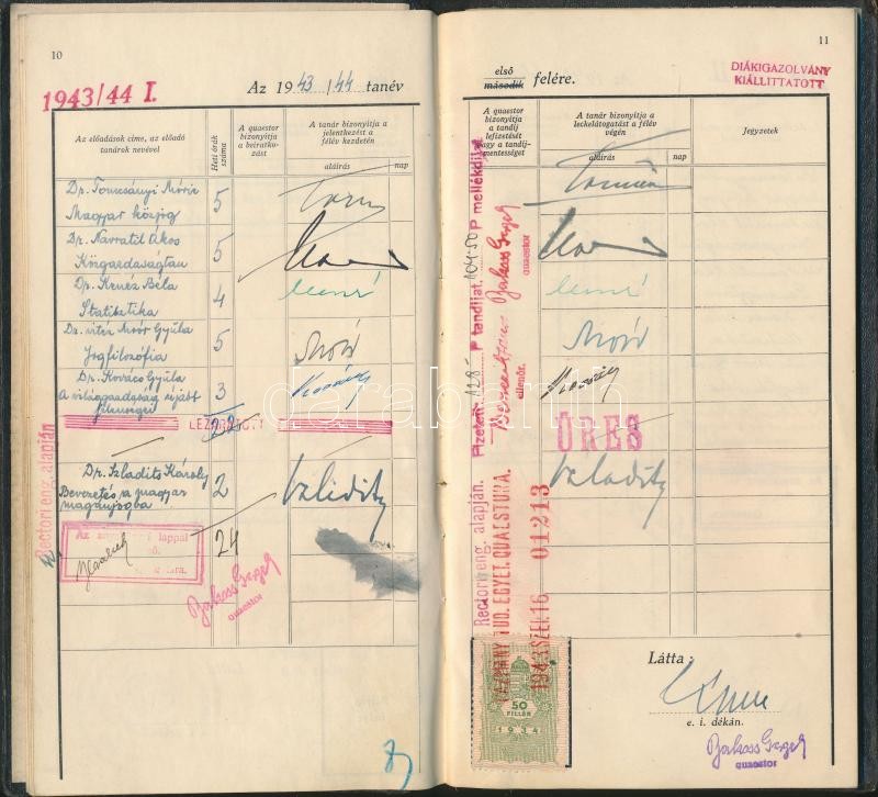 1943 Jogtudományi hallgató leckekönyve neves jogászok, többek között Szladits, Navratil saját kezű aláírásával