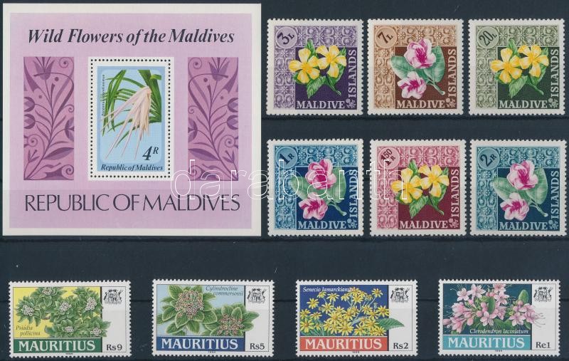 Flowers 10 diff stamps + 1 block, Virág motívum 10 klf tengerentúli bélyeg + 1 db blokk