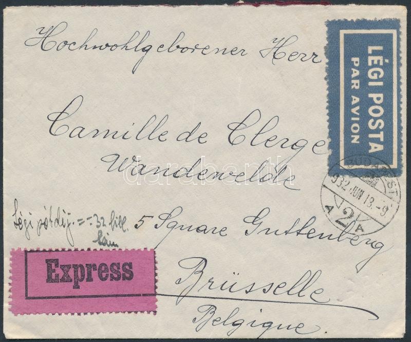 Express airmail cover to Brussels, Expressz légi levél Brüsszelbe