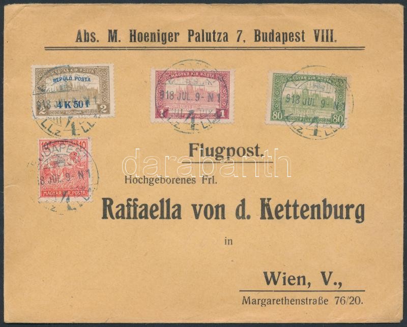 Mi 211 with additional franking on airmail cover to Vienna, 1918. jul. 9. Légi levél Bécsbe 4K50f Repülő posta bélyeggel és 1.90K kiegészítő bérmentesítéssel