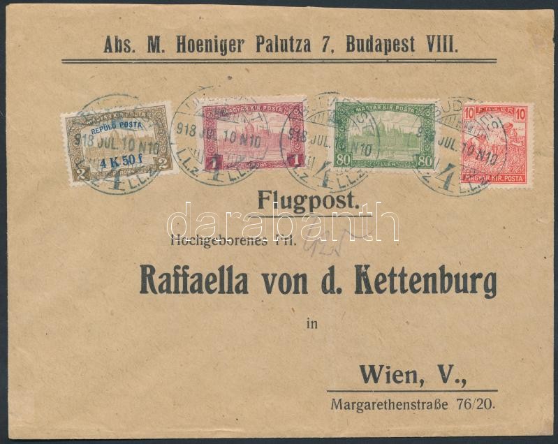 Mi 211 with additional franking on airmail cover to Vienna, 1918. jul. 10. Légi levél Bécsbe 4K50f Repülő posta bélyeggel és 1.90K kiegészítő bérmentesítéssel