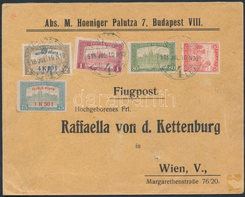 1918. jul.10. Repülő posta sor +  kiegészítő bérmentesítés légi levélen Bécsbe, Mi 210-211 + additional franking on airmail cover to Vienna.