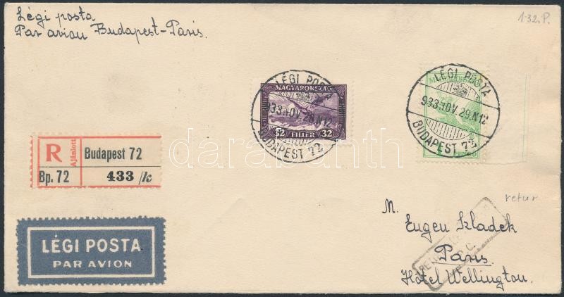 Registered airmail cover to Paris, returned, Ajánlott légi levél Párizsba, visszaküldve