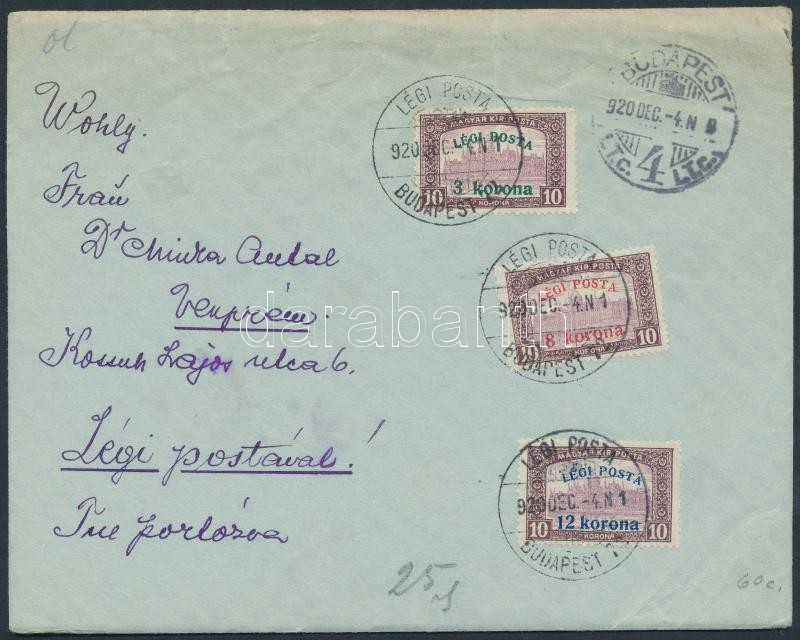 Inflation airmail cover to Veszprém, (2. díjszabás) Légi posta teljes sor légi levélen Veszprémbe