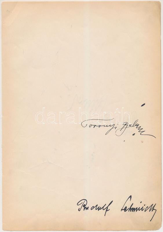 Vegyes aláírás tétel ugyanazon papírlap két oldalán, összesen 3db ebből 1db azonosított: id. Toronyi Gyula (1872--1945) tenor operaénekes saját kezű aláírása papírlapon, 16x24cm