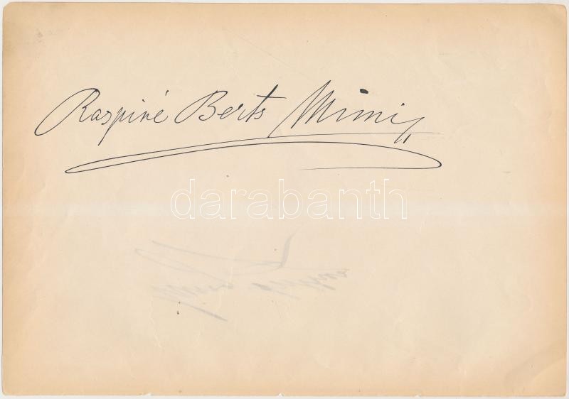 Berts Mimi (?1864--?1946) mezzoszoprán operaénekes saját kezű aláírása papírlapon, 16x24cm + ugyanazon papírlapon másik azonosítandó aláírás