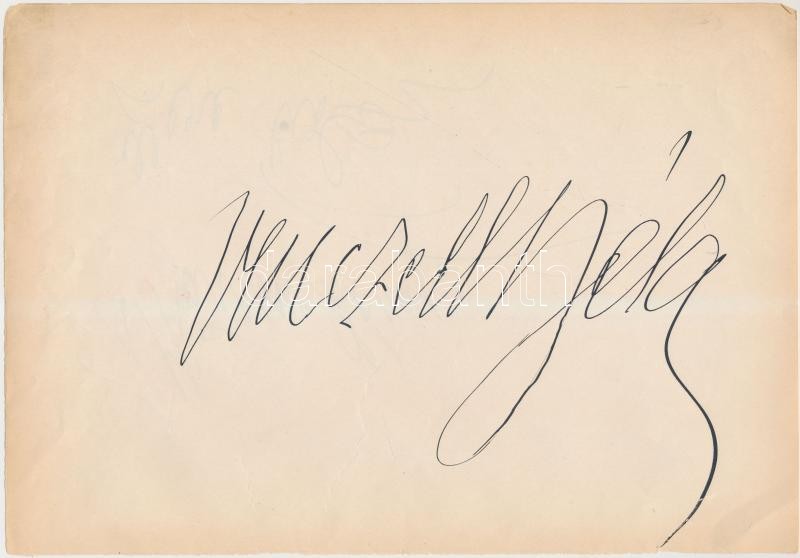 Venczell Béla (1882-1945) basszus operaénekes saját kezű aláírása papírlapon, 16x24cm, hátoldalon Bársony Dóra (1888-1972) alt és mezzoszoprán aláírása +még egy azonosítandó aláírás ugyanazon a lapon