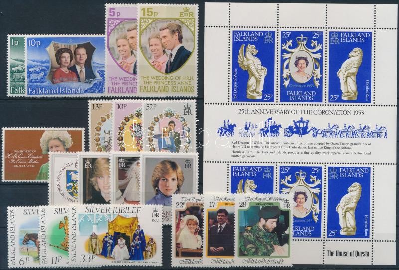 1972-1986 Angol királyi-család motívum 7 klf kiadás, közte sorok + 1 kisív, 1972-1986 British Royal Family 7 diff editions with sets + 1 minisheet