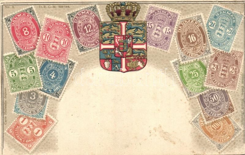 Denmark, set of stamps, coat of arms, Ottmar Zieher Carte Philatelie No. 2