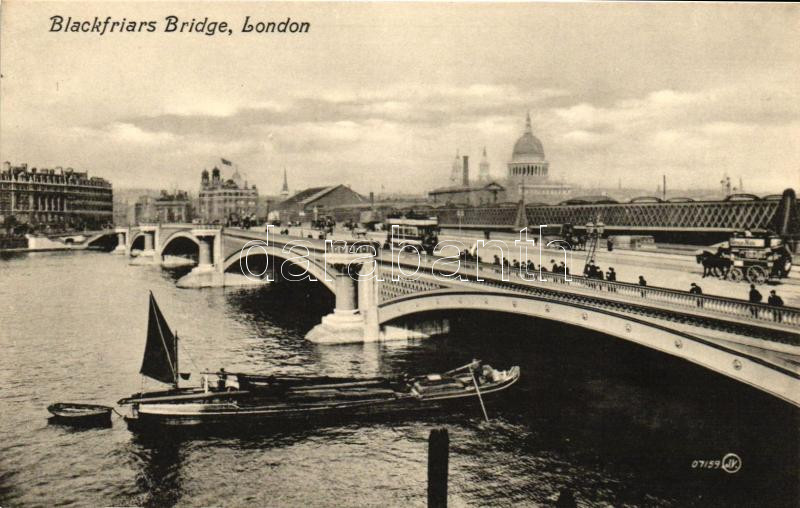 London, Blackfriars Bridge, barge, tram