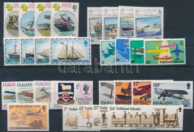 Falkland Islands, Vehicles 1969-1985 29 stamps, Falkland-szigetek, jármű motívum 1969-1985 29 klf bélyeg, közte sorok