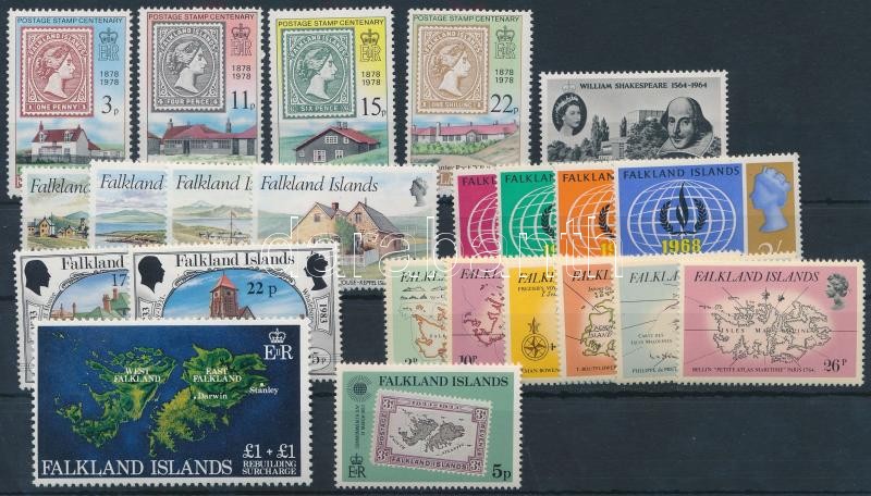 Falkland Islands, Landscape / Map 1964-1982 23 stamps, Falkland-szigetek, tájkép/ térkép motívum 1964-1982 23 klf bélyeg, közte sorok